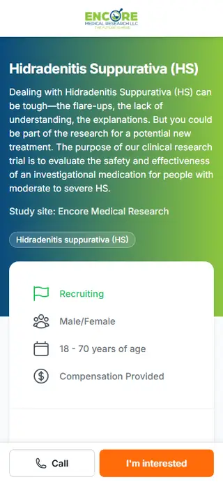 The same study page on a phone, with Call and I'm interested at the foot of the screen